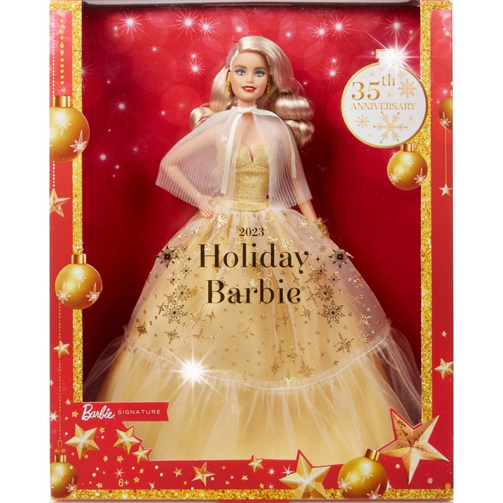 Papusa Barbie, 29cm, costum cu blana artificiala, bandana, de colectie