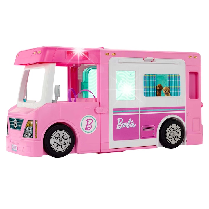 Masina tip rulota pentru papusi, Barbie 3 in 1, 60 de accesorii, transformabil, pentru 4 papusi
