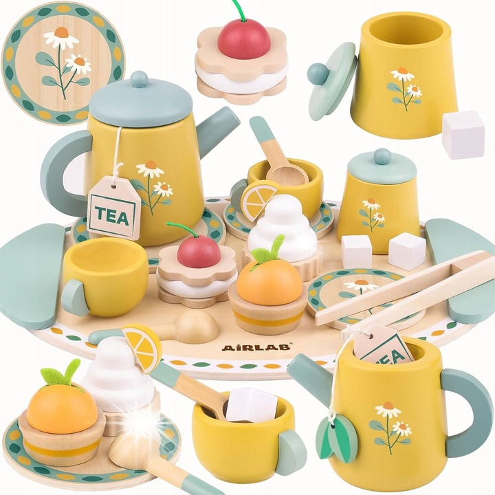 Set de Ceai din Lemn pentru Copii, cu Flori, 8 Piese, Multicolor