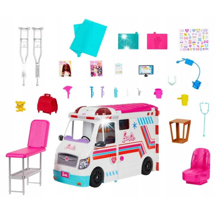 Set ambulanta mobila/accesorii, Barbie, 20 accesorii, efecte luminoase si sonore, 40x15x16cm