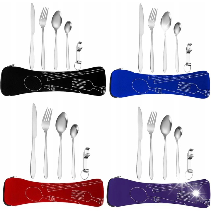 Set ustensile camping, 24 piese, inox, pentru 4 persoane, argintiu, cu geanta de depozitare