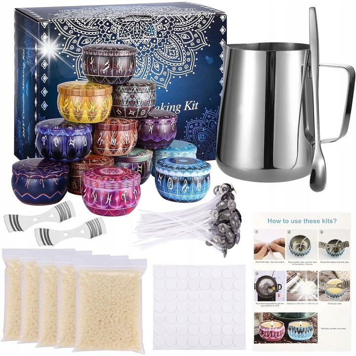 Set pentru fabricarea lumanarilor, Viesap, 1 dzbanel din otel inoxidabil, 50 de coti, 12 recipiente, ceara naturala, multicolor