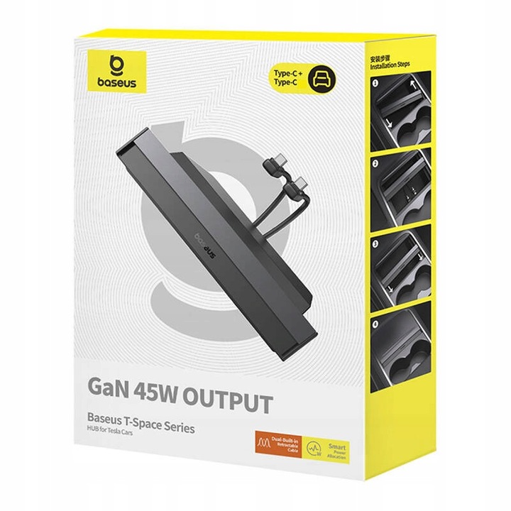 Hub, Baseus T-Space pentru Tesla, 4 porturi, 2 cabluri USB-C/Lightning, negru, 196x100x32mm