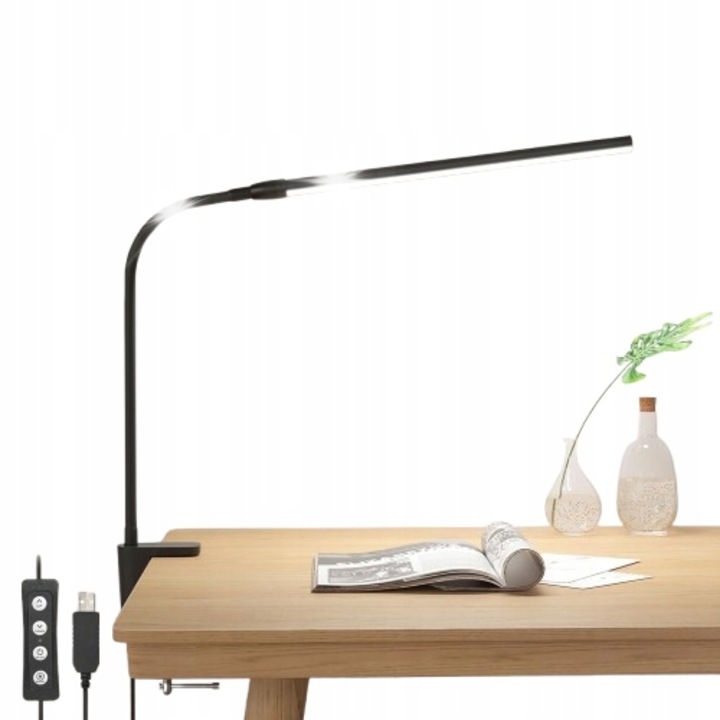 Lampa birou LED cu clip, 3 culori, 10 niveluri de intensitate, neagra, 4x10x39cm