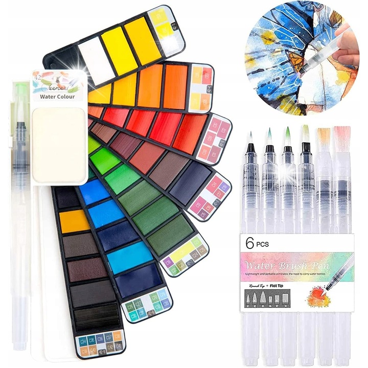 Set acuarele 42 culori, 6 pensule, ideal pentru arta, usor de utilizat, dimensiuni miniatura