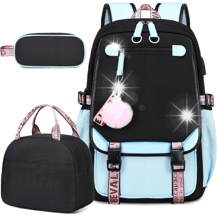 Ghiozdan scolar set cu toata functionalitatea, design modern, impermeabil, 45x32x18cm, pentru fetite