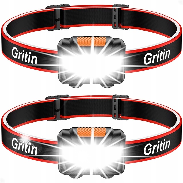 Set 2 lanterne frontale Gritin LED, 3 moduri de iluminare, negru