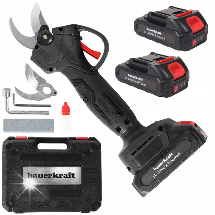 Градински ножици Bauerkraft, електрически, с 2 батерии, черни