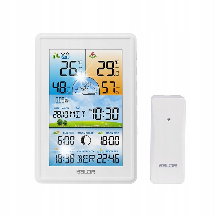 Statie meteorologica, Baldr, wireless, termometru, higrometru, alb, 11x2,5x16,5cm, cu senzor extern