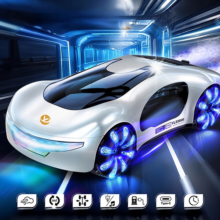 RC кола Bedee, бяла, 12x24x7,1см, светлинни ефекти, музика, пълен комплект