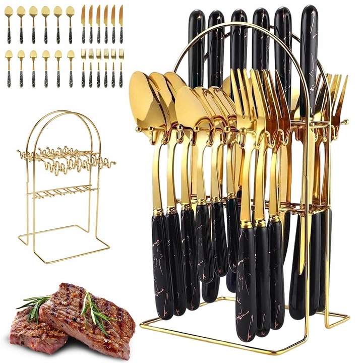 Комплект прибори за хранене, 24 части, Bedee, инокс, мраморна дръжка