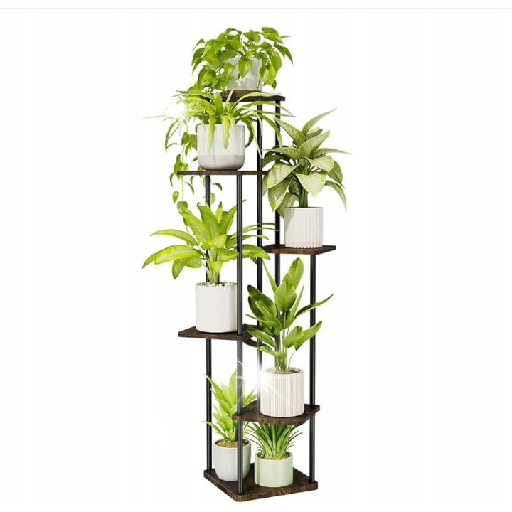 Stojak pentru plante 6 niveluri, metal + lemn, negru, 120x36x23cm