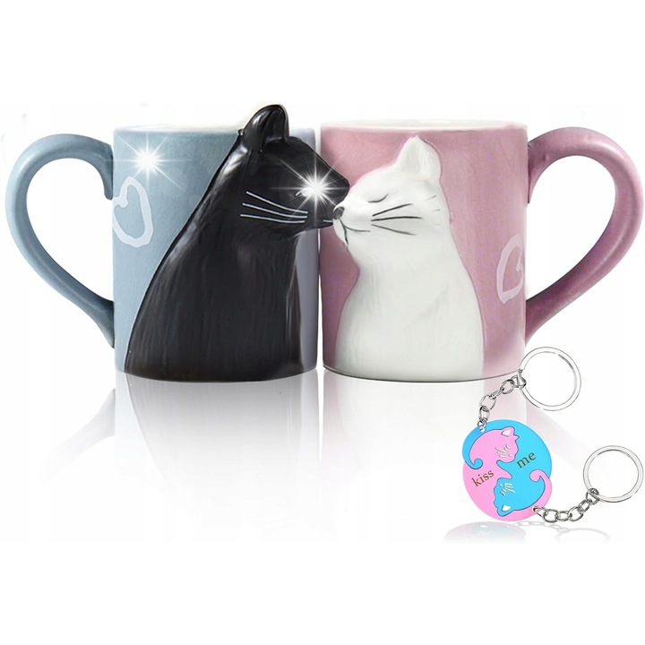 Set cani pentru cuplu, motive cu pisici, alb si negru, ceramica, ideal pentru Valentine's Day