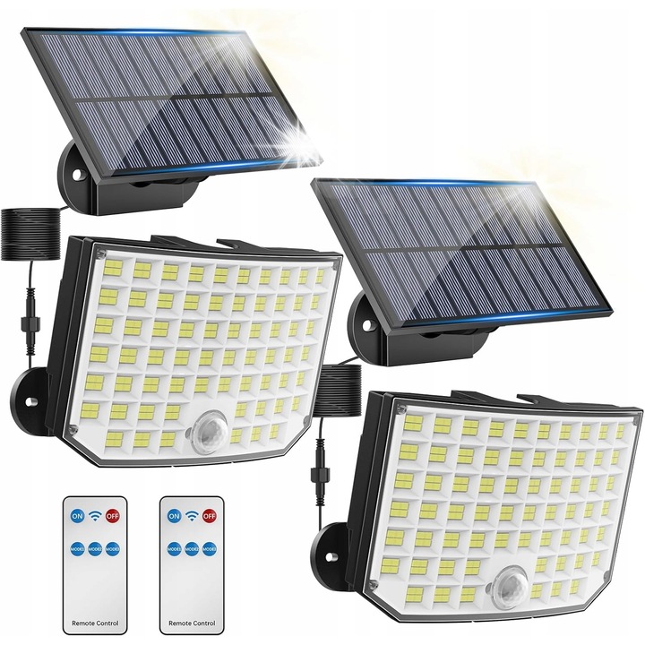 Lampa solara LED cu panou separat, 256 diode, IP65, neagra, set 2 bucati