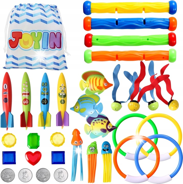 Fürdőjáték készlet gyerekeknek, 32 darabos, búvárkarikák és botok, halak és kincsek, többszínű