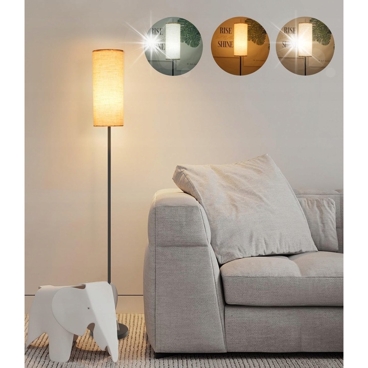 Lampadar, 12W, 800 lumeni, neagra cu abajur din in, 4 temperaturi de culoare, design modern