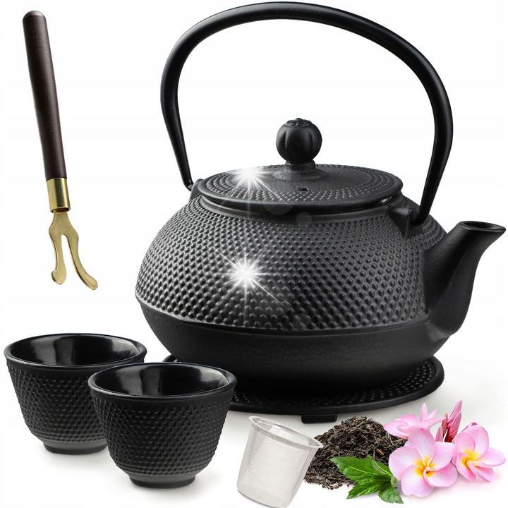 Set ceainic din fonta cu capacitate de 850ml, 2 cesti, filtru din otel inoxidabil, negru, 16,8x15x17,5cm