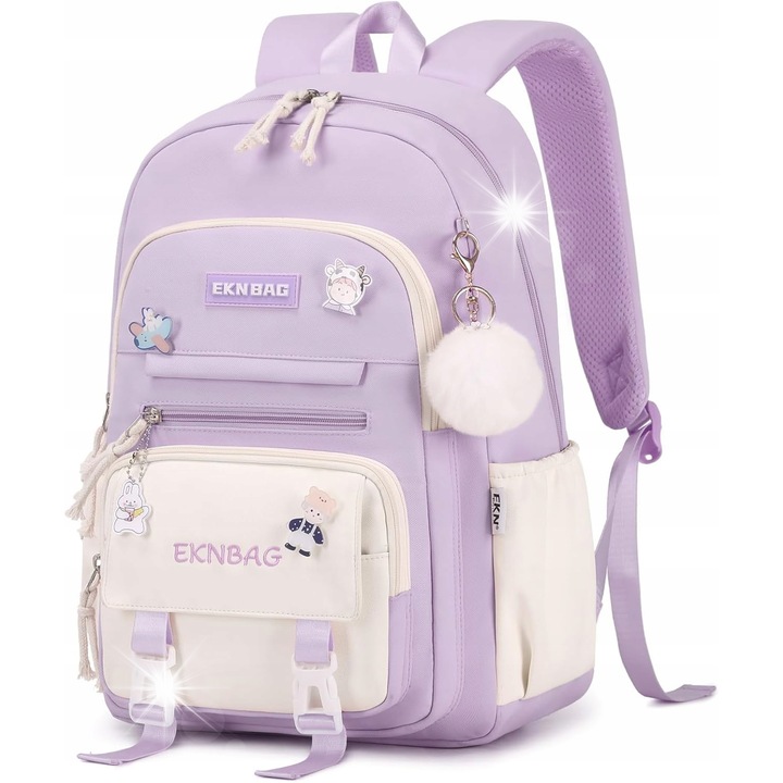 Ghiozdan scolar pentru fete, violet, 32x15x45cm, set cu accesorii, 20 litri, multe compartimente