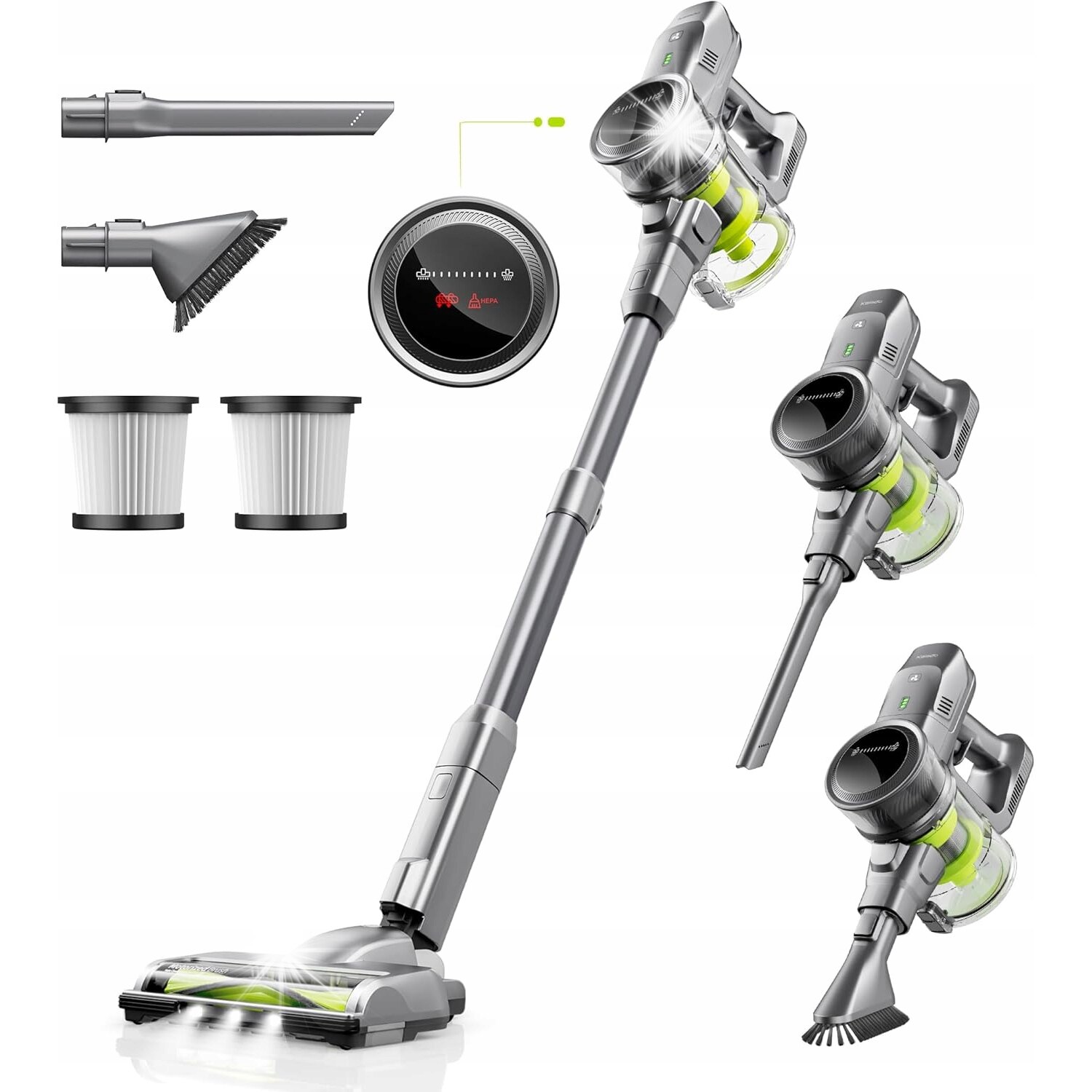 Aspirator vertical fara fir, 26KPA, 40 min, 5 straturi filtrare HEPA, 0,8L, set 6 in 1, iluminare LED