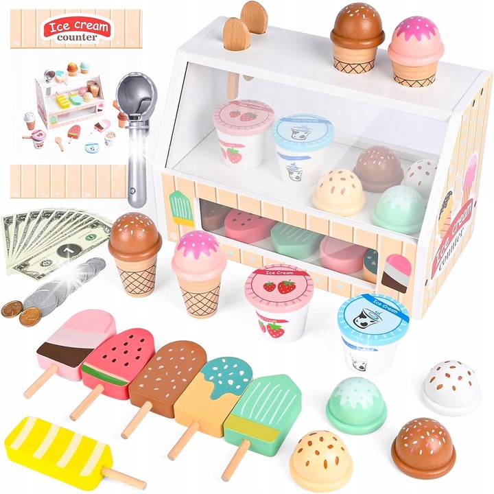 Set magazin de inghetata, 6 inghetate, 2 cupe, 10 bancnote, 10 monede, din lemn, 3+ ani