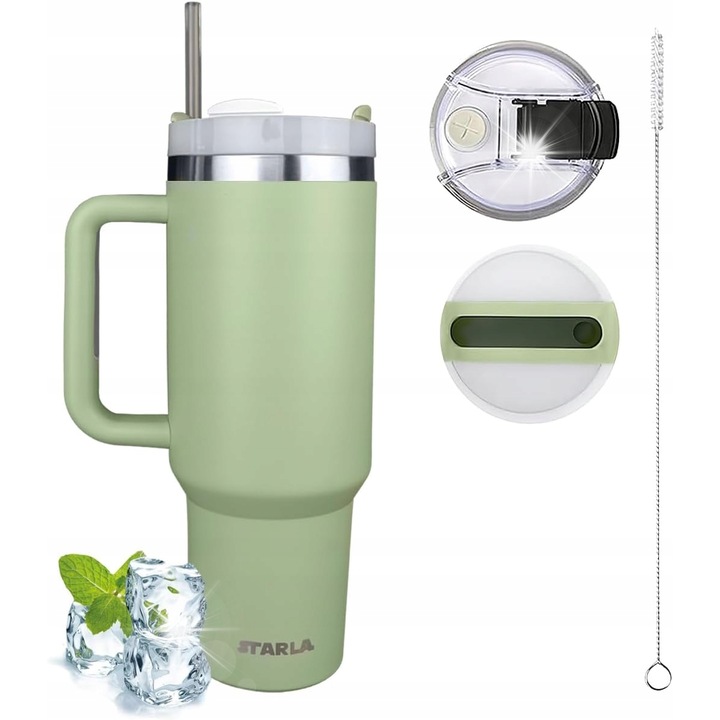 Cana termica 1200ml cu capac si pai, STARLA, verde, 27,5x10x10cm