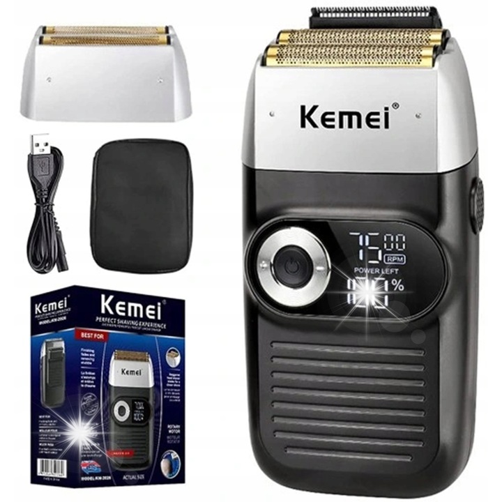 Masina de tuns si ras Kemei 2026, 3 viteze, neagra, 14x6x3cm, set complet