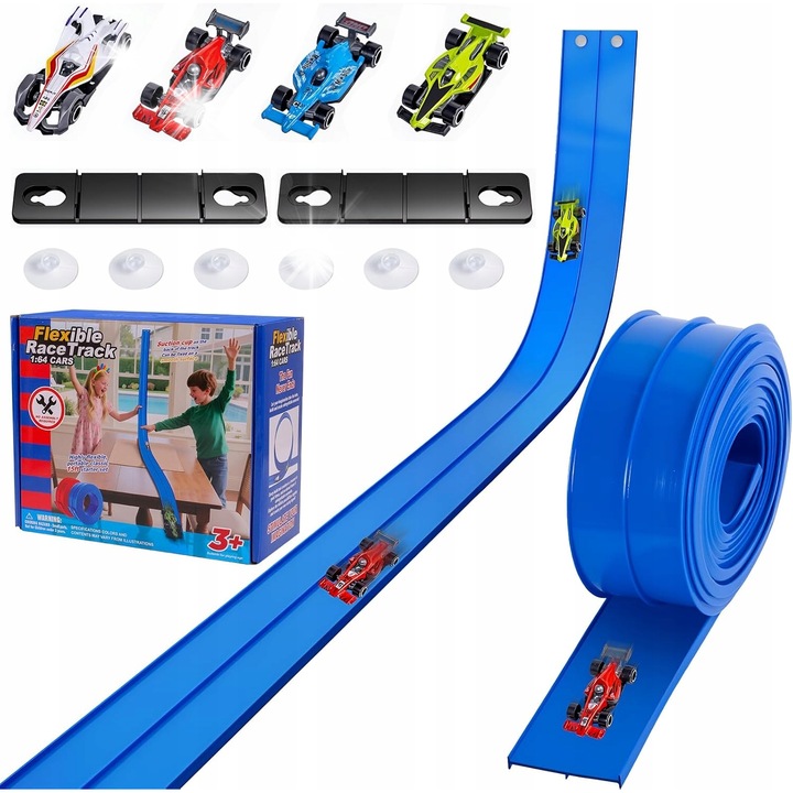 Set circuit de curse elastic, 4,1m, 4 masinute, montare usoara, interior/exterior