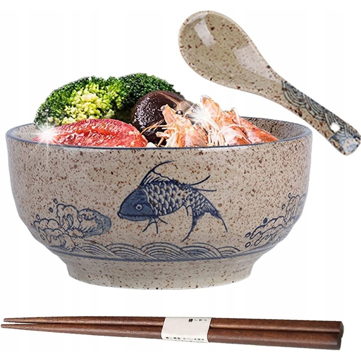 Bol ceramic pentru ramen, set complet cu lingura si betisoare, 15,5x7,5cm, 580ml, design japonez