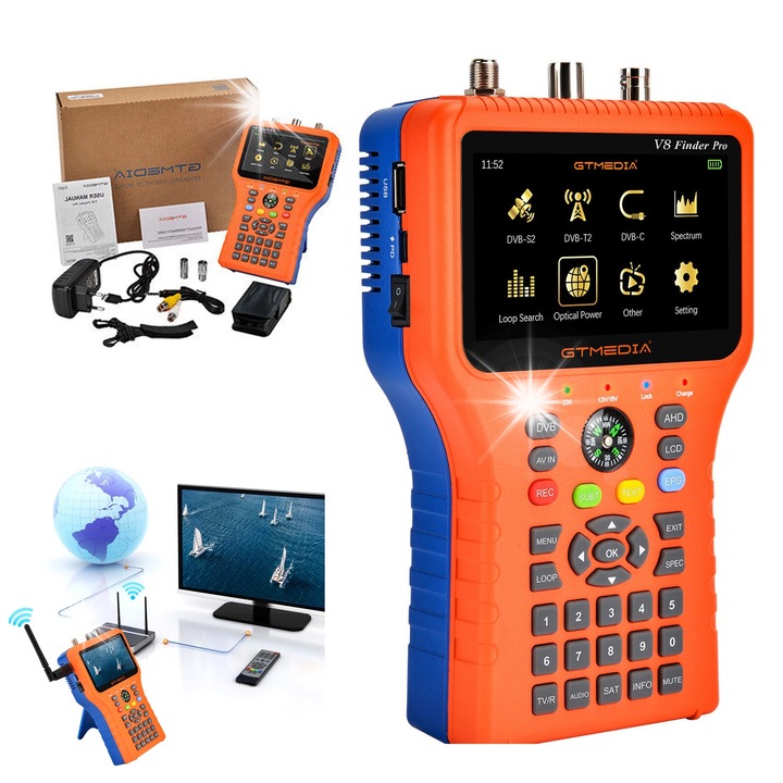 Cautator Satelitar GTMEDIA, V8 Finder Pro, DVB-S2X/S2, ecran 4,3 inch, set complet, 204x123x45mm