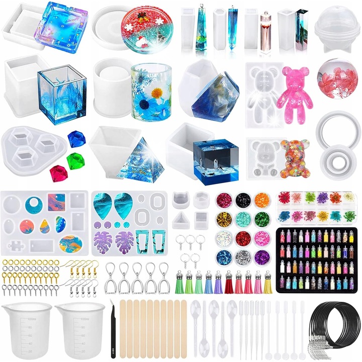 Set de forme pentru bijuterii, 22 forme din silicon, transparent, pentru rasina epoxidica, accesorii incluse