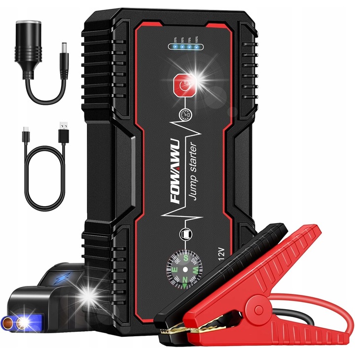 FOWAWU 5000A autóindító, 25800 mAh, multifunkcionális, hordozható, 17,2x8,8x4cm