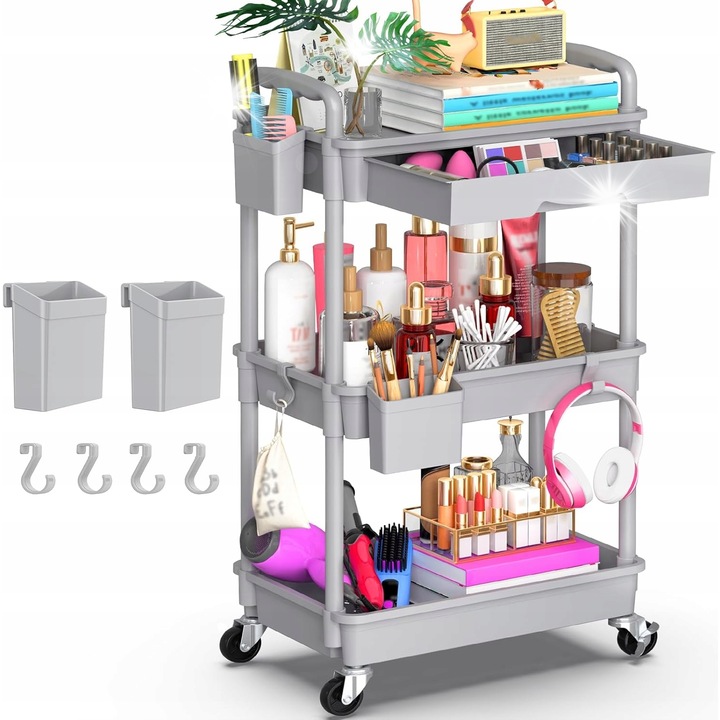 3 szintes rendszerező kocsi fiókkal, konyhába és fürdőszobába, fékezhető kerekekkel, kompakt méretek