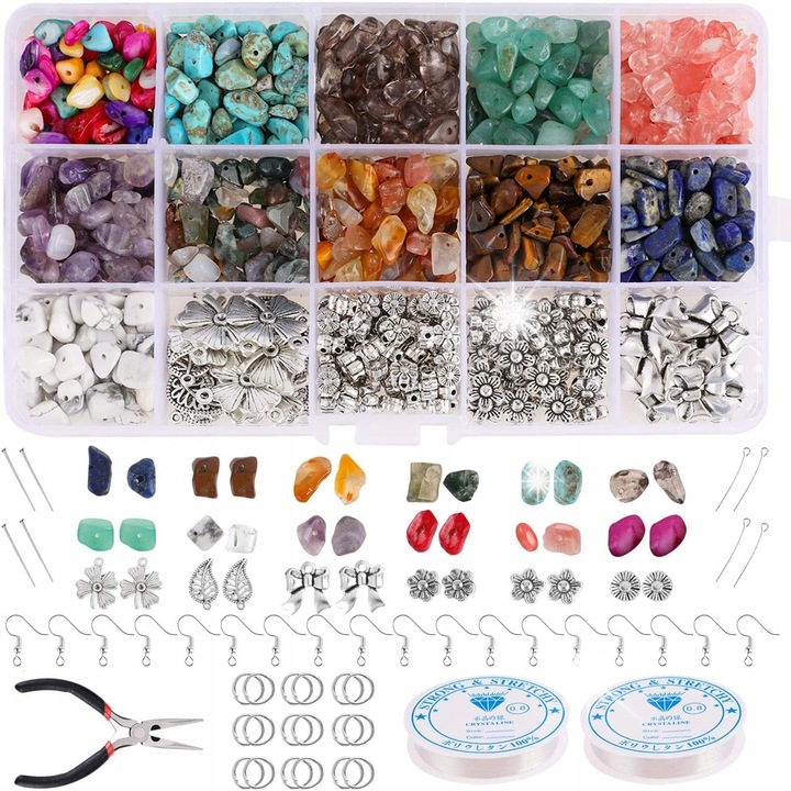 Set bratari DIY, 500 elemente, pietre naturale colorate, accesorii charm, unelte multifunctionale
