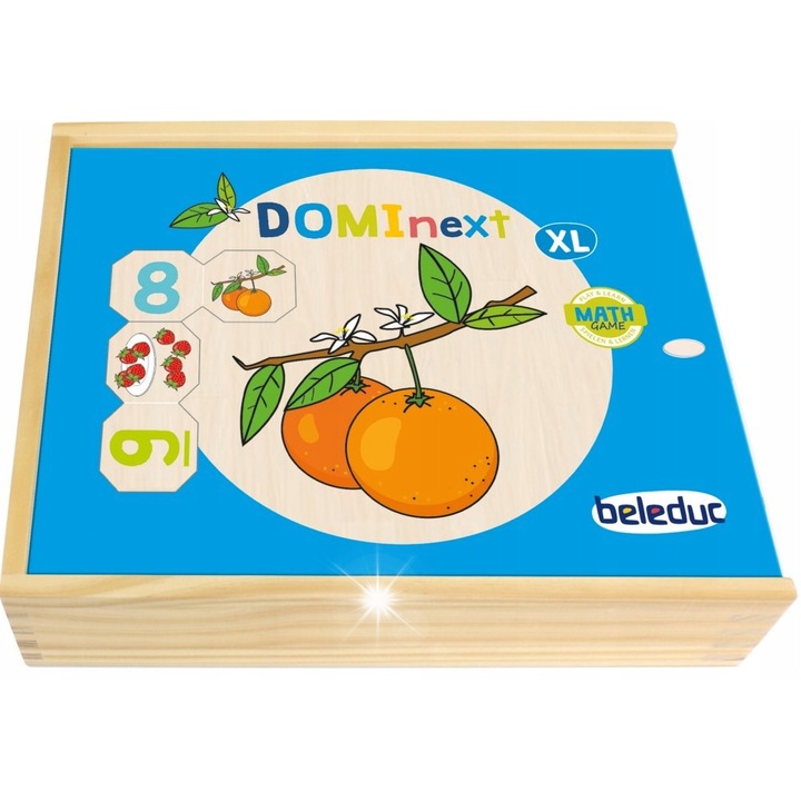 Игра за памет и интелигентност, Beleduc, DOMInext XL, комплект от 32 части, плодове и зеленчуци, 100% дърво