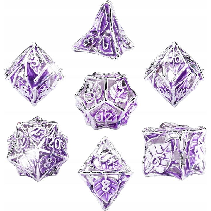 Set 7 Kostki Metalice Dungeons and Dragons, Design cu Motif de Frunza de Clon, Usor si Durabil