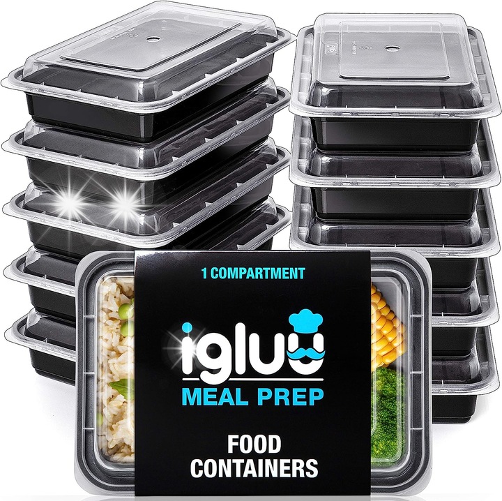 Set 10 recipiente Igluu Meal Prep, 3 compartimente, 25x19,5x5,5cm, reutilizabile, sigilate, pentru microunde si masina de spalat vase