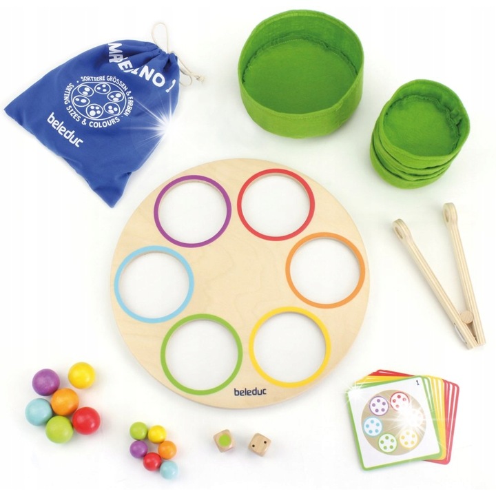 Играчка за сортиране, Beleduc, 18 дървени топки, 30 дървени топки, 5 тави, 1 игрална дъска, 1 зар, 1 щипка, 3 години+