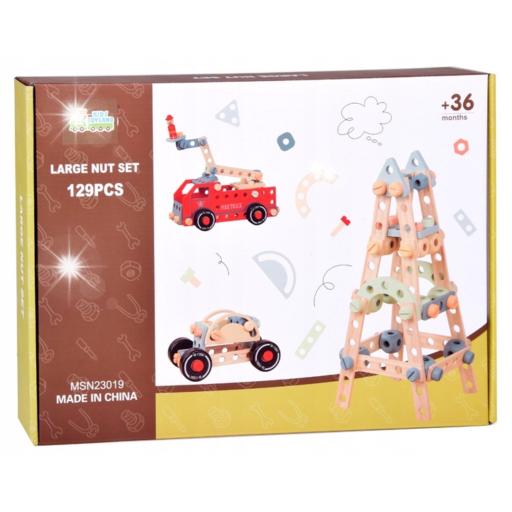 Set de constructie Bemi, 129 elemente, masina de pompieri, dimensiuni 32x16x38cm, din lemn ecologic