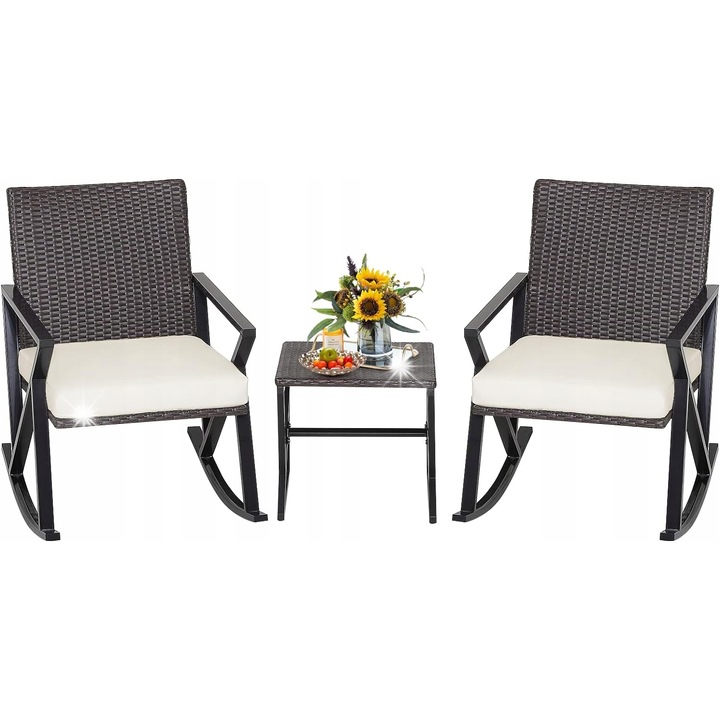 Set mobilier gradina, masa si 2 perne, rattan PE, metal, culoare maro, dimensiuni masa 45x45x43cm, dimensiuni perne 54x54x8cm