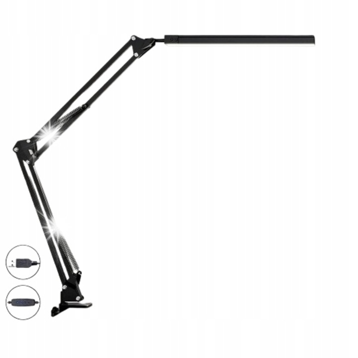 Lampa birou LED cu clip, 3 moduri de lumina, 10 niveluri de intensitate, neagra, 40x5x70cm