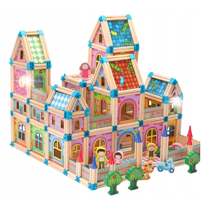 Set de constructie 7&7, 248 piese, colorat, din lemn, pentru copii