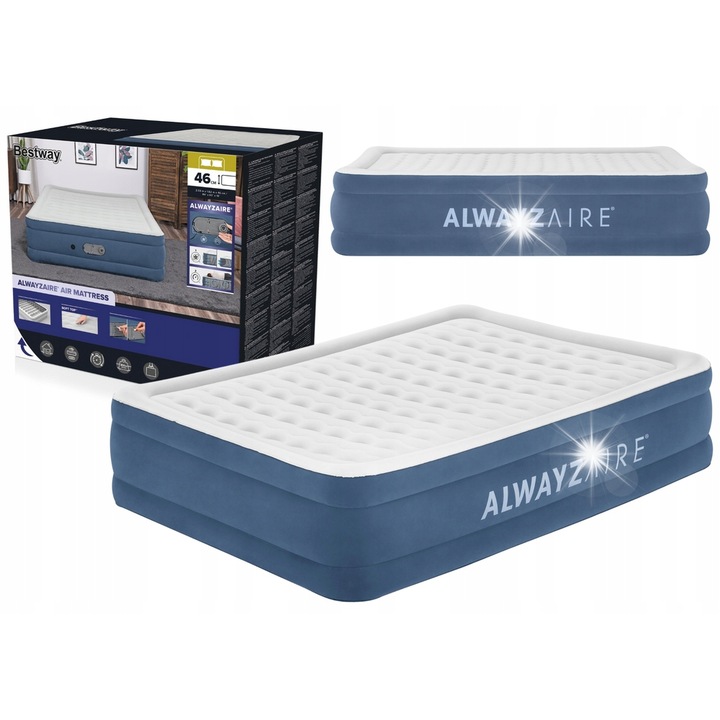Materac Dmuchat Bestway Air Mattress AlwayzAire 203x152x46cm, cu pompa incorporata, suprafata din velur, antibacterian