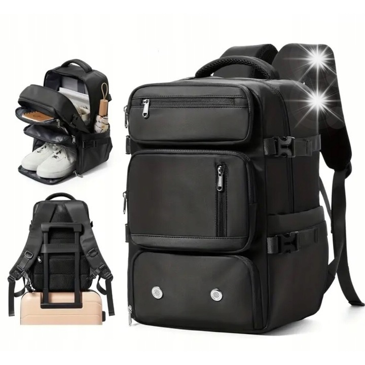 Kabin utazó hátizsák, 40x20x25 cm, nylon, fekete, tablet rekesszel és cipőtartóval