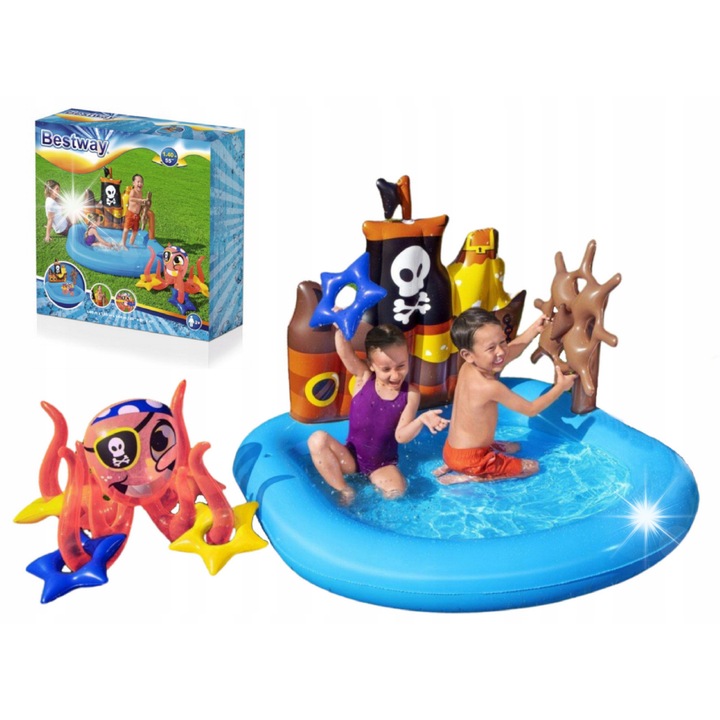 Felfújható gyermekmedence, Bestway, kalózhajó modell, 140x130x104 cm, színes kiegészítőkkel
