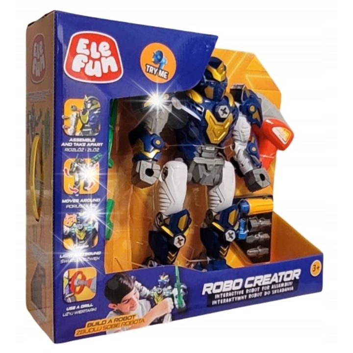 Robot de jucarie, 35 cm, cu miscare si efecte luminoase, set complet cu accesorii si electrica, multicolor