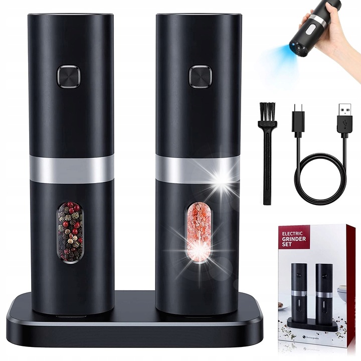 Set 2x Macinatoare electrice pentru piper si sare, model KYMQ-7C, inox, 51x53x178.8mm