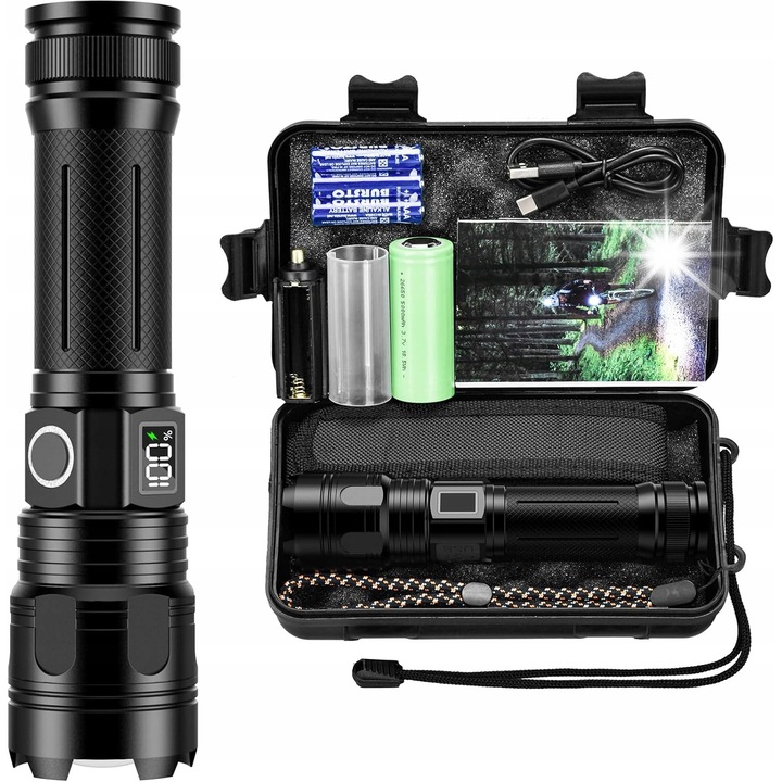 LED фенер 20000 лумена, 5 режима на осветление, алуминиева конструкция, водоустойчив IP67, USB-C акумулатор 5000 mAh