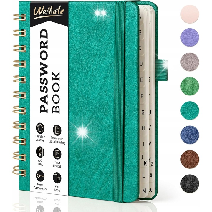 Agenda A6 din piele vegana, design clasic, pentru parole, verde