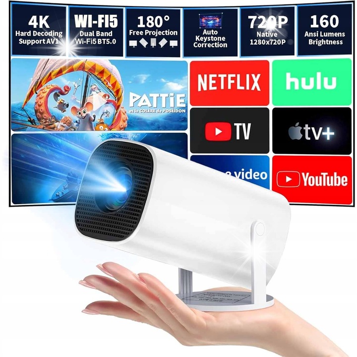 Videoproiector portabil 720P, Android 12.0, WiFi 5G, Bluetooth 5.0, 30-200 inch