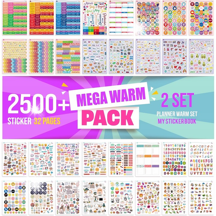 Set de stickere decorative, 2500 stickere, 32 foi, multicolor, 21x15x1mm